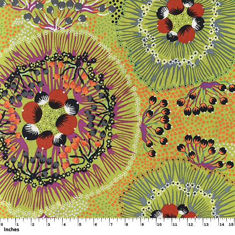 Bold lime, orange and purple print fabric